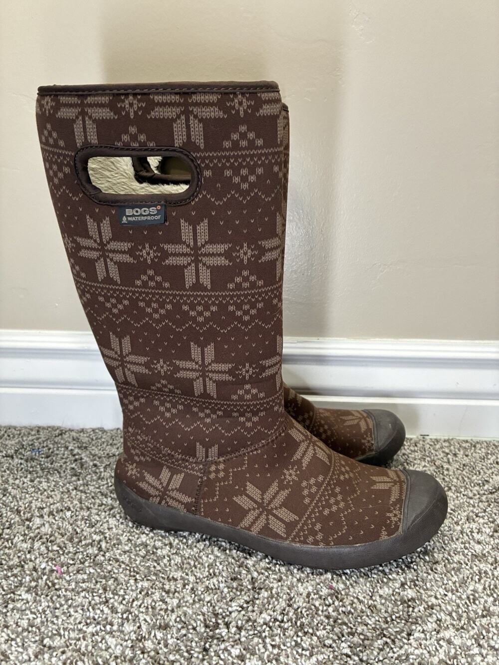 Bogs Womens 7 Summit Sweater Fair Isle Brown Tall Waterproof Winter Snow Boots